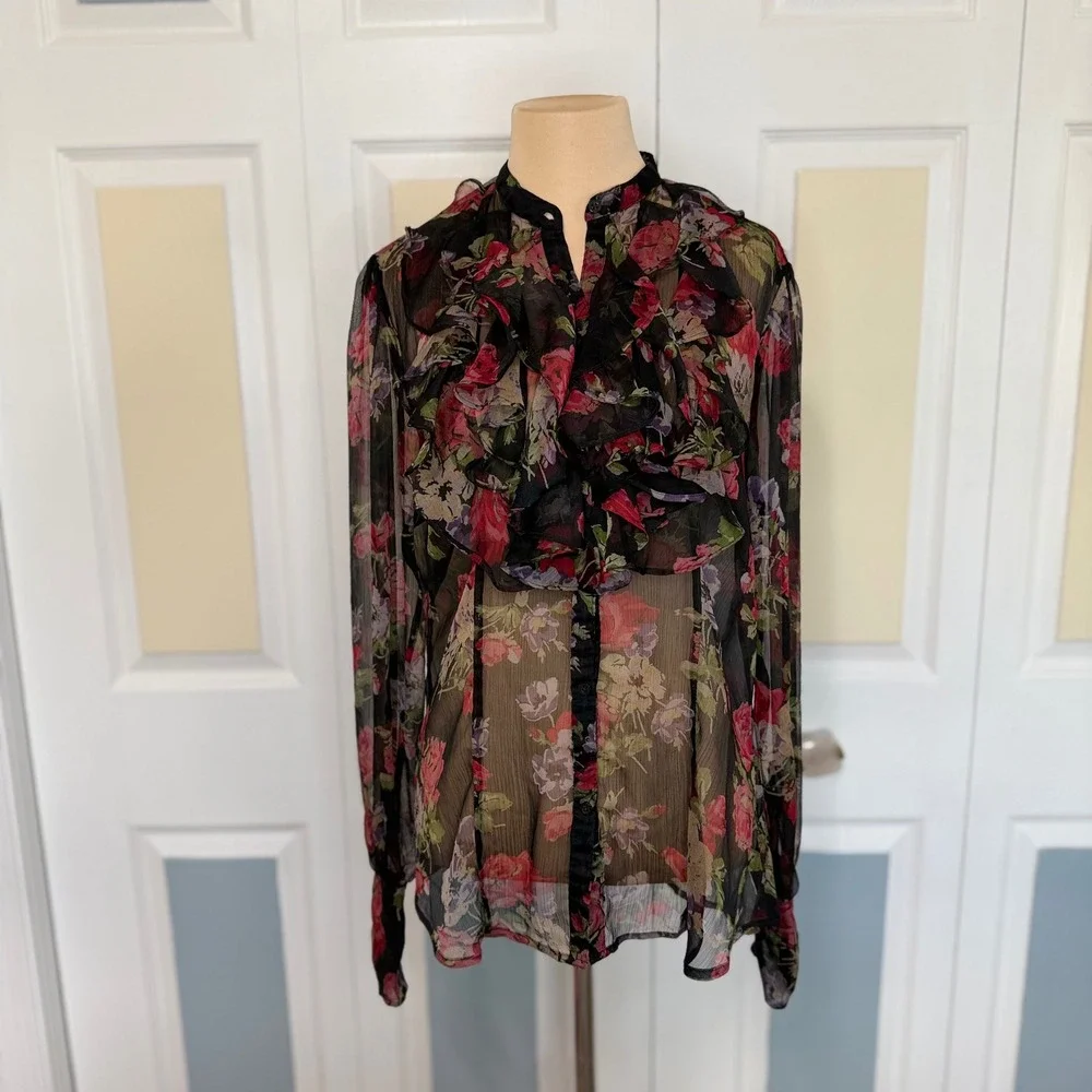 Lauren Ralph Lauren Floral Ruffle Front Sheer Blouse Black Red Rose Medium - Picture 1 of 8